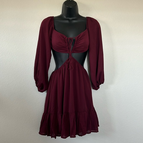Princess Polly Natasha Maroon Burgundy Halter Cutout Balloon Sleeve Mini Dress - Picture 5 of 13
